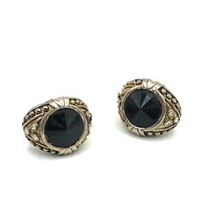 Vintage Silver and Gold Toned Clip-On Earrings With Black Stone & Rhinestone Acc